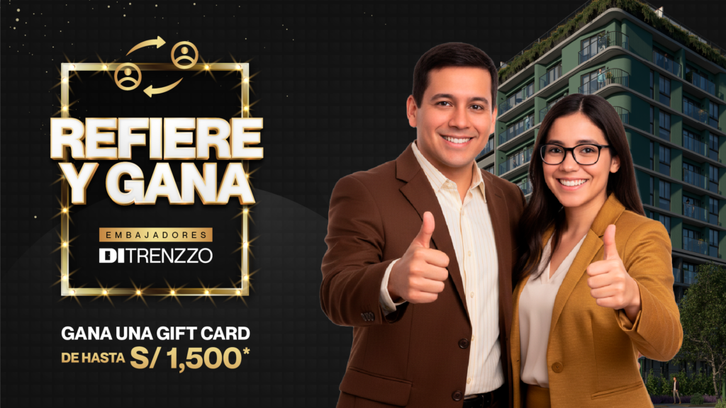 Refiere y gana con Ditrenzzo Inmobiliaria. Programa de beneficios y promociones por compra de departamento, bono por referir amigos, familiares o conocidos que compren su depa. Gana hasta S/1500 por recomendación. Promociones inmobiliarias, sorteos, beneficios por compra de depa, descuentos para segunda vivienda, departamentos en venta, departamentos nuevos, depas de estreno, proyectos inmobiliarios, invertir en vivienda, beneficios por referidos, programa de referidos inmobiliario, promociones para comprar departamento, recompensas por recomendación, compra tu segundo depa, beneficios por comprar tu segunda vivienda con Ditrenzzo, campañas de referidos, gana premios por compra de departamentos. Embajadores Ditrenzzo